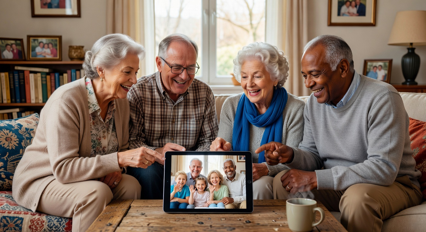 ビデオ通話するシニア